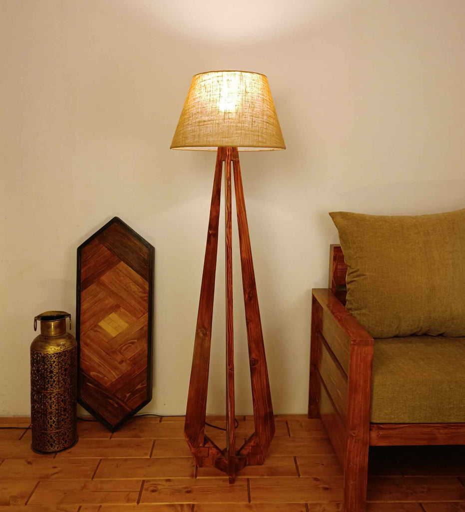 Zoe Wooden Floor Lamp with Brown Base and Jute Fabric Lampshade