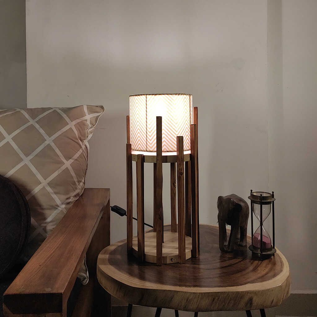 Bastian Wooden Table Lamp with Brown Base and Premium White Fabric Lampshade