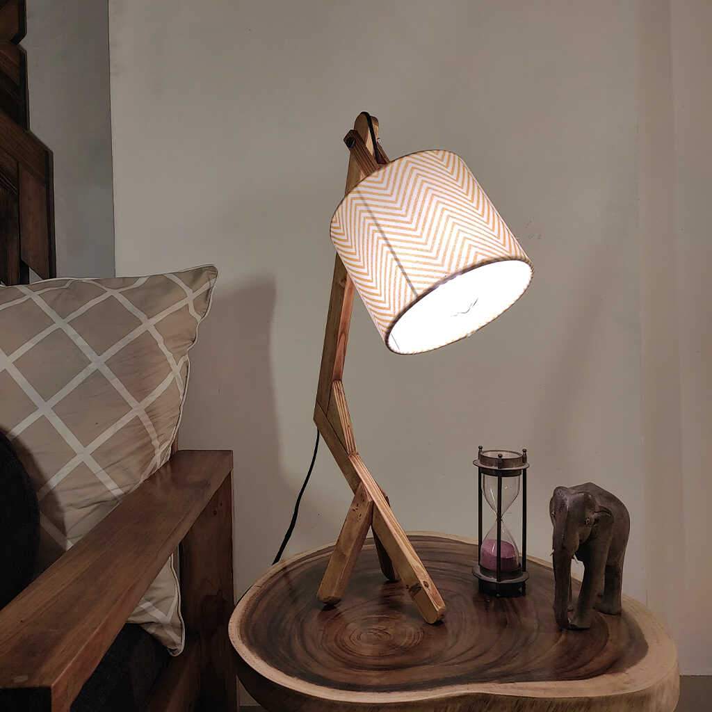 Emphasis Wooden Table Lamp with Brown Base and Yellow Fabric Lampshade