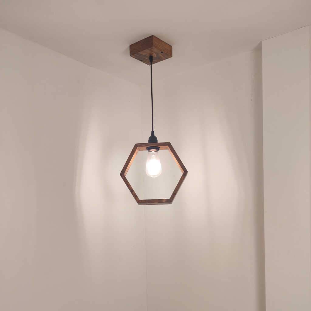 Hex Brown Wooden Single Hanging Lamp
