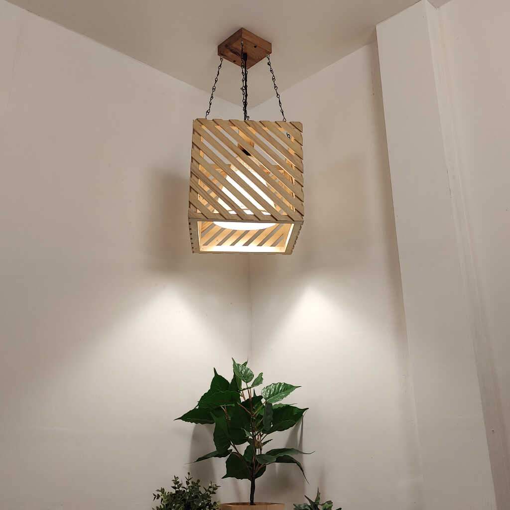 Oblique Beige Wooden Single Hanging Lamp