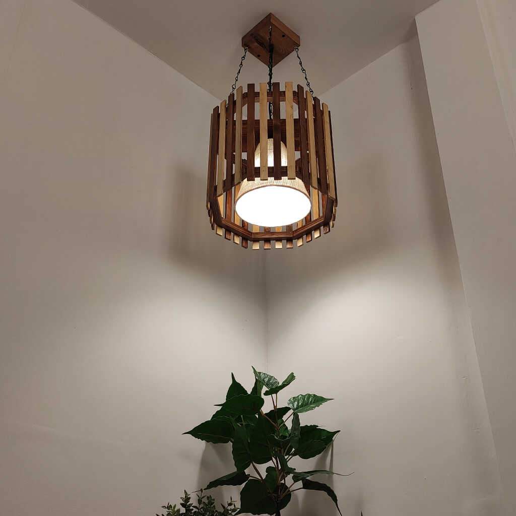 Octa Beige & Brown Wooden Single Hanging Lamp