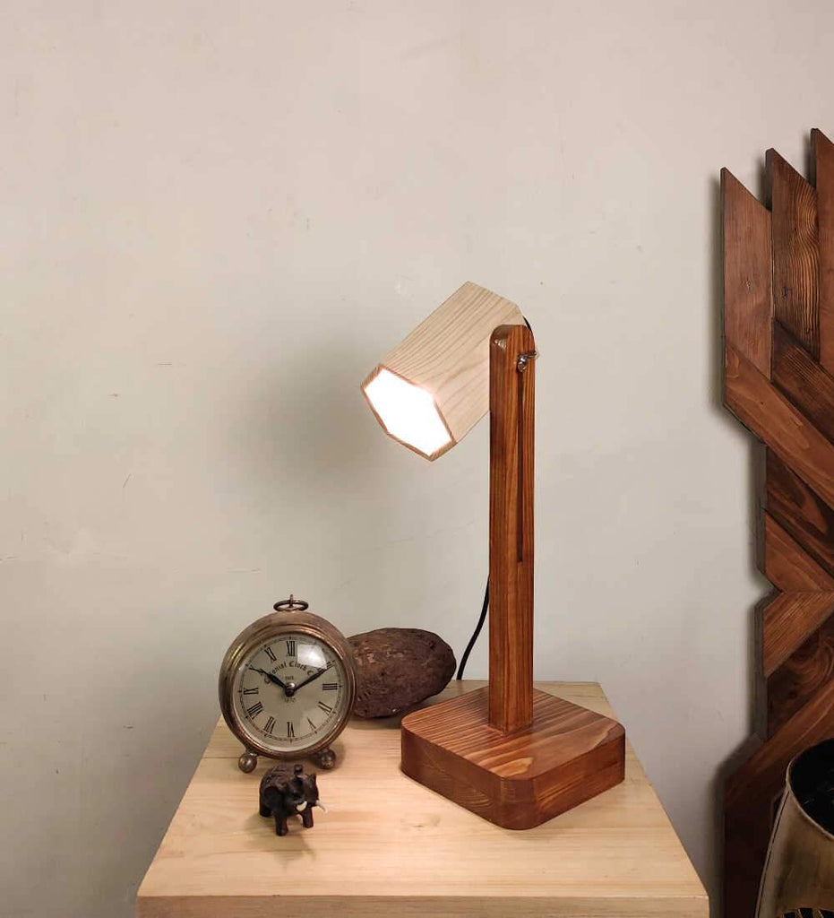 Hexspot Brown Wooden Table Lamp with Beige Wooden Lampshade