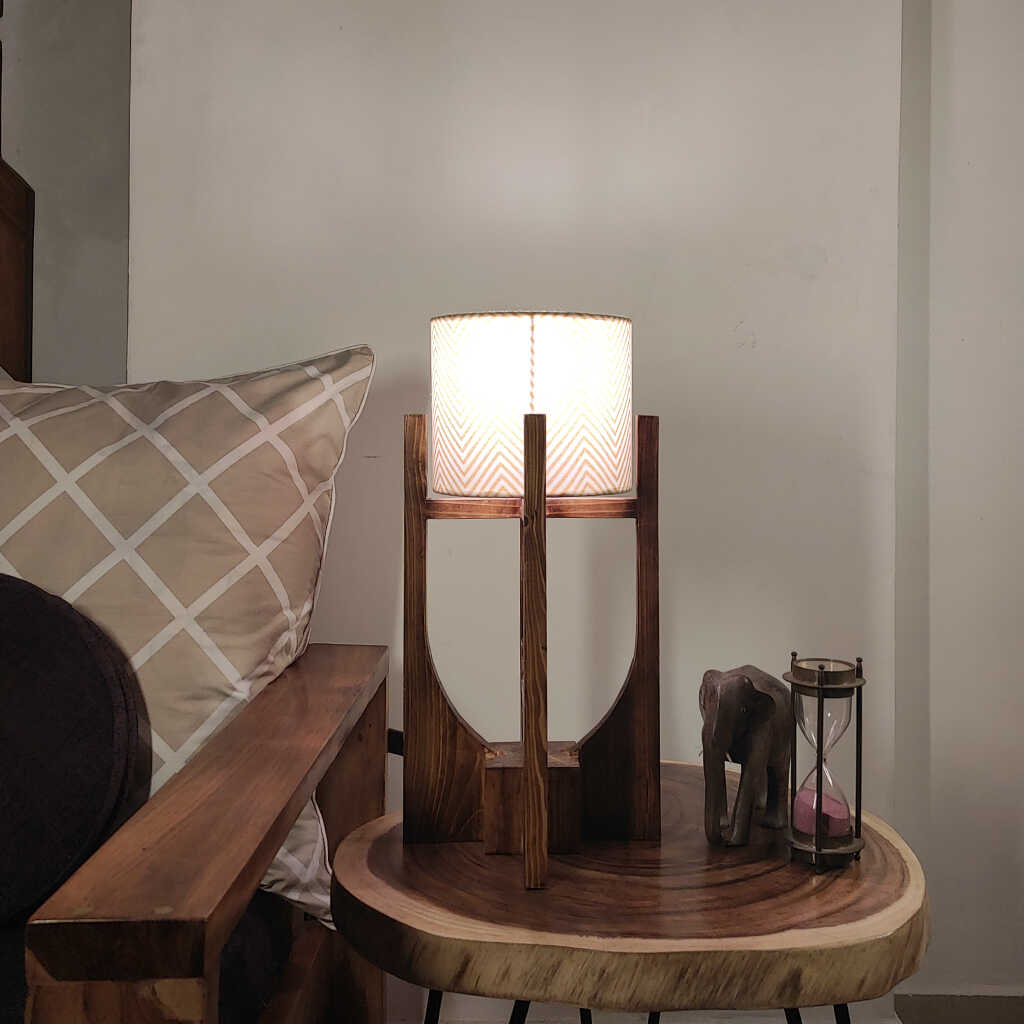 Solitaire Wooden Table Lamp with Brown Base and Premium White Fabric Lampshade