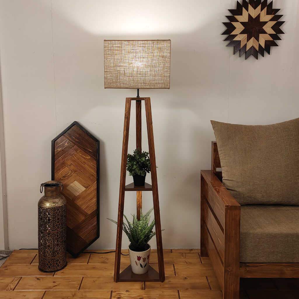 Vantage Wooden Floor Lamp with Brown Base and Jute Fabric Lampshade